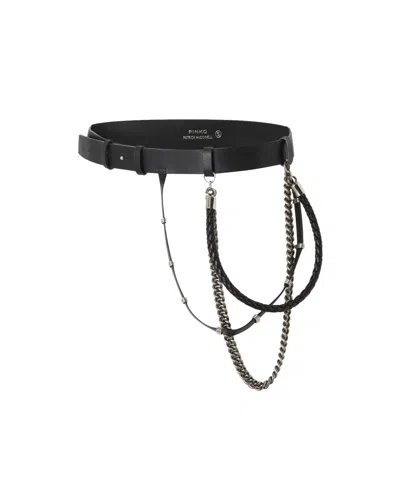 Pinko Leather Belt With Chains And Straps, 3 Cm In Black