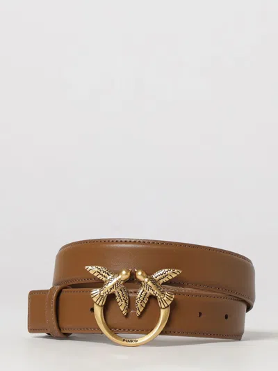 Pinko Leather Belt With Metal Love Birds Logo Buckle In Brown