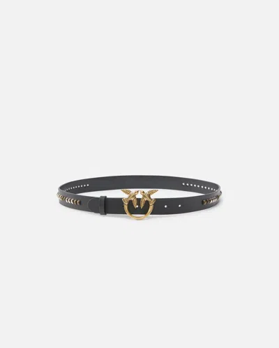 Pinko Leather Belt With Studded Birds Buckle In Nero-antique Gold