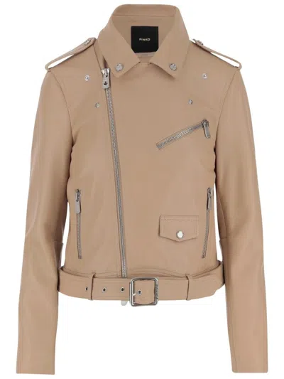 Pinko Leather Biker Jacket In Neutral