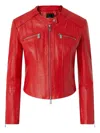 Pinko Nappa Leather Biker Jacket With Vertical Topstitching In Red