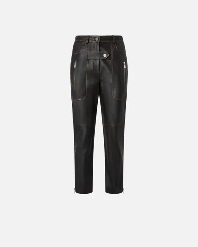 Pinko Leather Biker Pants With Zip In Caviar Black
