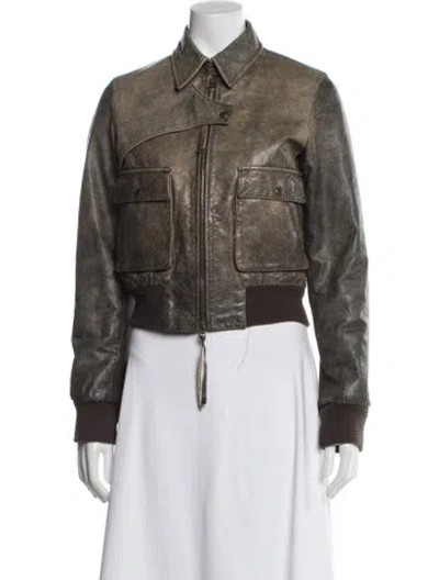 Pre-owned Pinko Leather Bomber Jacket In Green