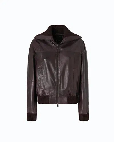 Pinko - Leather Bomber Jacket With Fold-down Collar - 46 In Brown