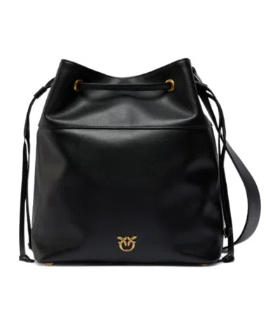 Pinko Leather Bucket Bag With Love Birds Logo In Black
