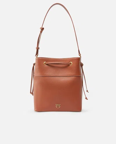 Pinko Leather Bucket Bag With Shoulder Strap In Arab-antique Gold