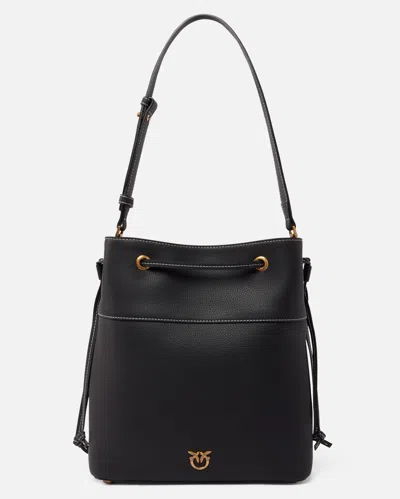 Pinko Leather Bucket Bag With Shoulder Strap In Black-antique Gold