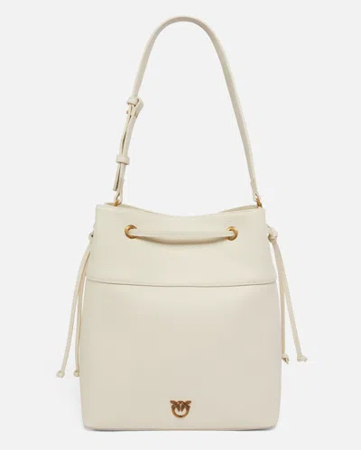 Pinko Leather Bucket Bag With Shoulder Strap In White+white-antique Gold