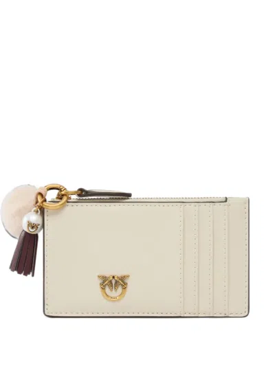 Pinko Leather Card Holder With Tassel And Pompom In White