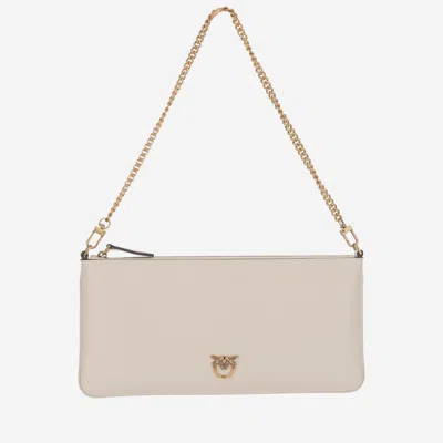 Pinko Leather Clutch Bag With Logo In Neutral