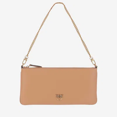 Pinko Leather Clutch Bag With Logo In Neutral