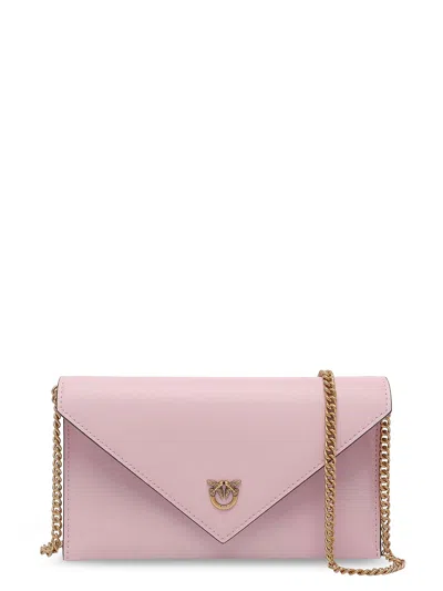 Pinko Leather Clutch Bag With Metal Love Birds Logo In Pink