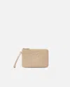 Pinko Leather Clutch With Wristlet And Birds Logo In Beige-smoke Grey-antique Gold