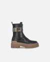 Pinko Leather Combat Boots With Branded Front Stretch Ribbon In Nero Limousine