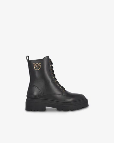 Pinko Leather Combat Boots With Metal Logo In Nero Limousine