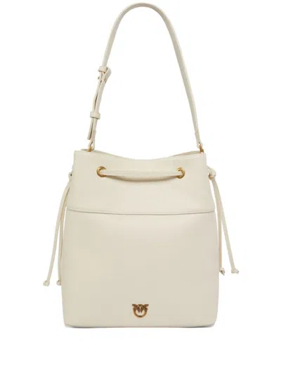 Pinko Leather Handbag With Gold Accents And Drawstring Closure In White