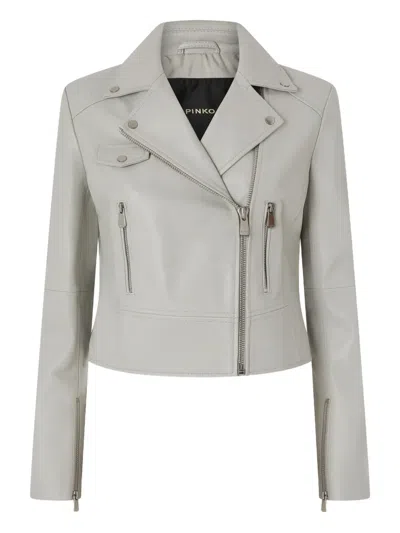 Pinko Logo Detailed Zipped Leather Jacket In Gray