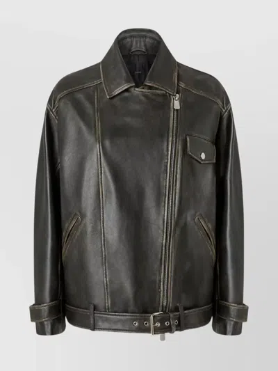 PINKO LEATHER JACKET WITH BELTED WAIST AND POCKETS
