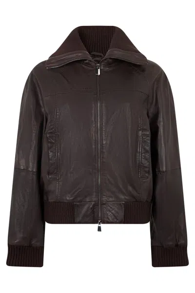 Pinko Leather Jacket With Knit Inserts And Zip Front In Brown