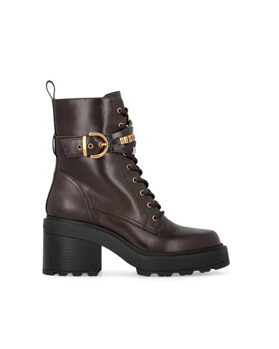 Pinko Leather Lace-up Ankle Combat Boots With Block Heel In Moro