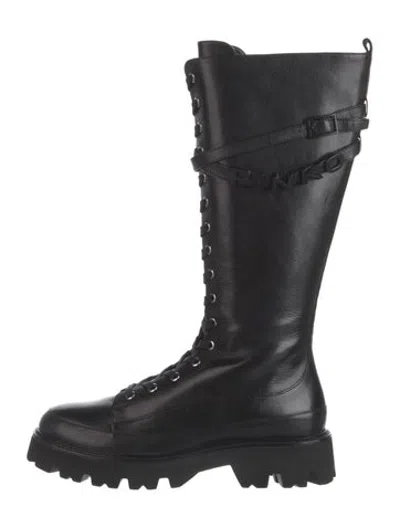 Pre-owned Pinko Leather Lace-up Boots W/ Tags In Black