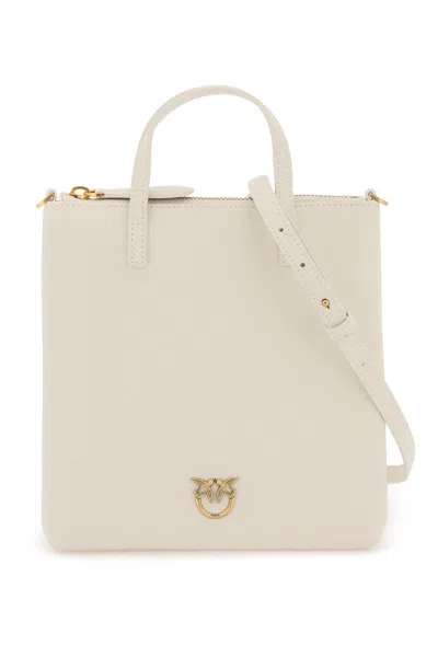 Pinko Leather Mini Tote Bag In Bianco Seta Antique Gold (white)