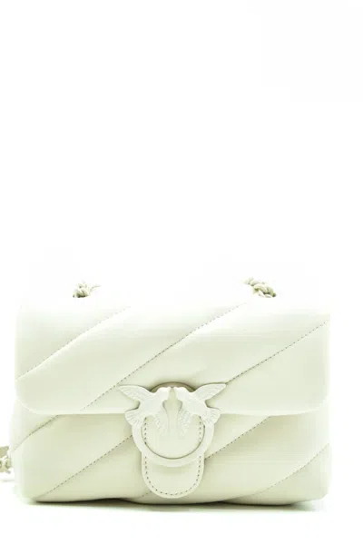 Pinko Leather Shoulder Bag With Intricate Design And Chain Strap In White