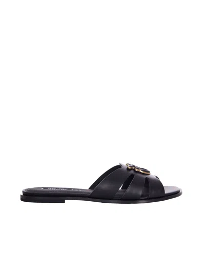 Pinko Leather Slide Sandals With Logo Accent In Nero-antique Gold