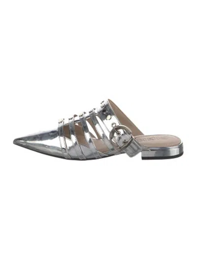Pre-owned Pinko Leather Studded Accents Mules W/ Tags In Metallic/silver