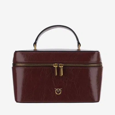 Pinko Leather Vanity Bag With Logo In Brown