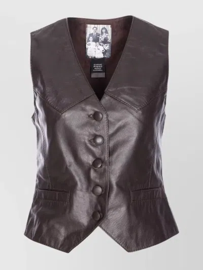 Pinko Leather Vest With V-neck And Front Pockets In Black