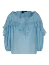 Pinko Solid Color Cotton And Silk Bones Blouse With Ruffles In Blue
