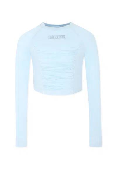 Pinko Kids' Light Blue Crop T-shirt For Girl With Logo