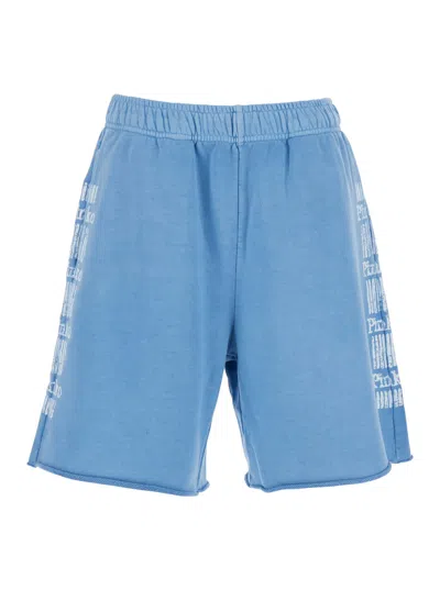 Pinko Light Blue Shorts With Elastic Waist And Logo Print On The Legs In Cotton Woman