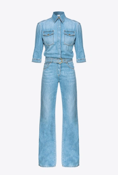 Pinko Three Quarter-length Sleeves Denim Jumpsuit In Light Wash