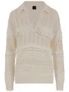 Pinko Textured Knit White Sweater With Stylish Collar In Neutrals