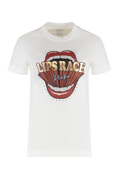 Pinko Cotton Crew-neck T-shirt With All-over Rhinestone Front Print In Multi