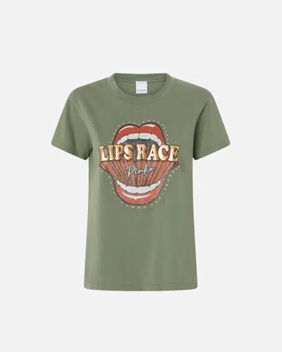 Pinko Lips Race Mouth Print T-shirt In Four-leaf Clover Green