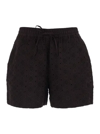 Pinko Liz Brown Shorts With Elastic Drawstring Waist And All-over Embroidery In Cotton Woman In Black