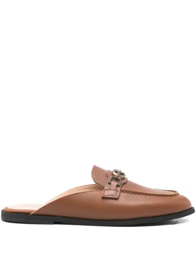 Pinko Logo-plaque Leather Loafers In Brown