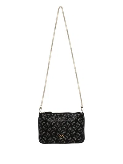 Pinko Logo Detailed Embellished Shoulder Bag In Nero E Argento