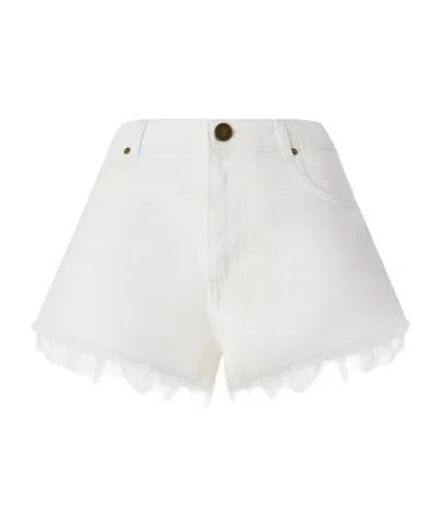 Pinko Logo Embellished Frayed Shorts In White