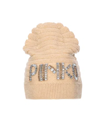 Pinko Logo-embellished Terry-cloth Beanie In Nude