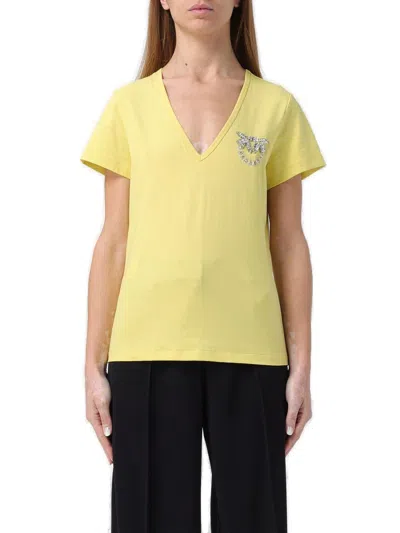 Pinko Logo-embellished V-neck T-shirt  In Yellow