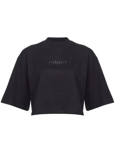 Pinko Logo-embroidered Cotton Cropped T-shirt In Limo Black