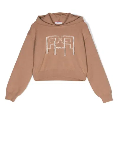 Pinko Kids' Logo-embroidered Knitted Hoodie In Nude