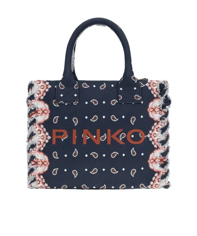 Pinko Logo Embroidered Medium Beach Shopping Bag In Blue