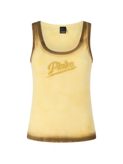 Pinko Logo-embroidered Sleevelesst Ank Top In Yellow