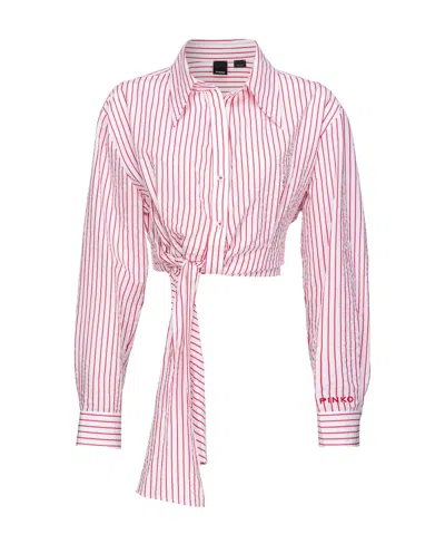 Pinko Logo-embroidered Striped Crop Shirt In Red