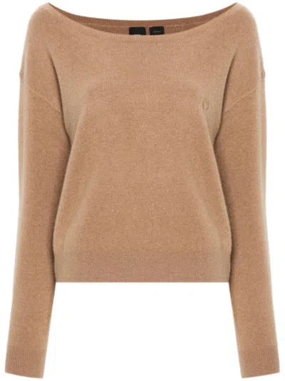 Pinko Cashmere-blend Sweater With Embroidered Logo In Brown